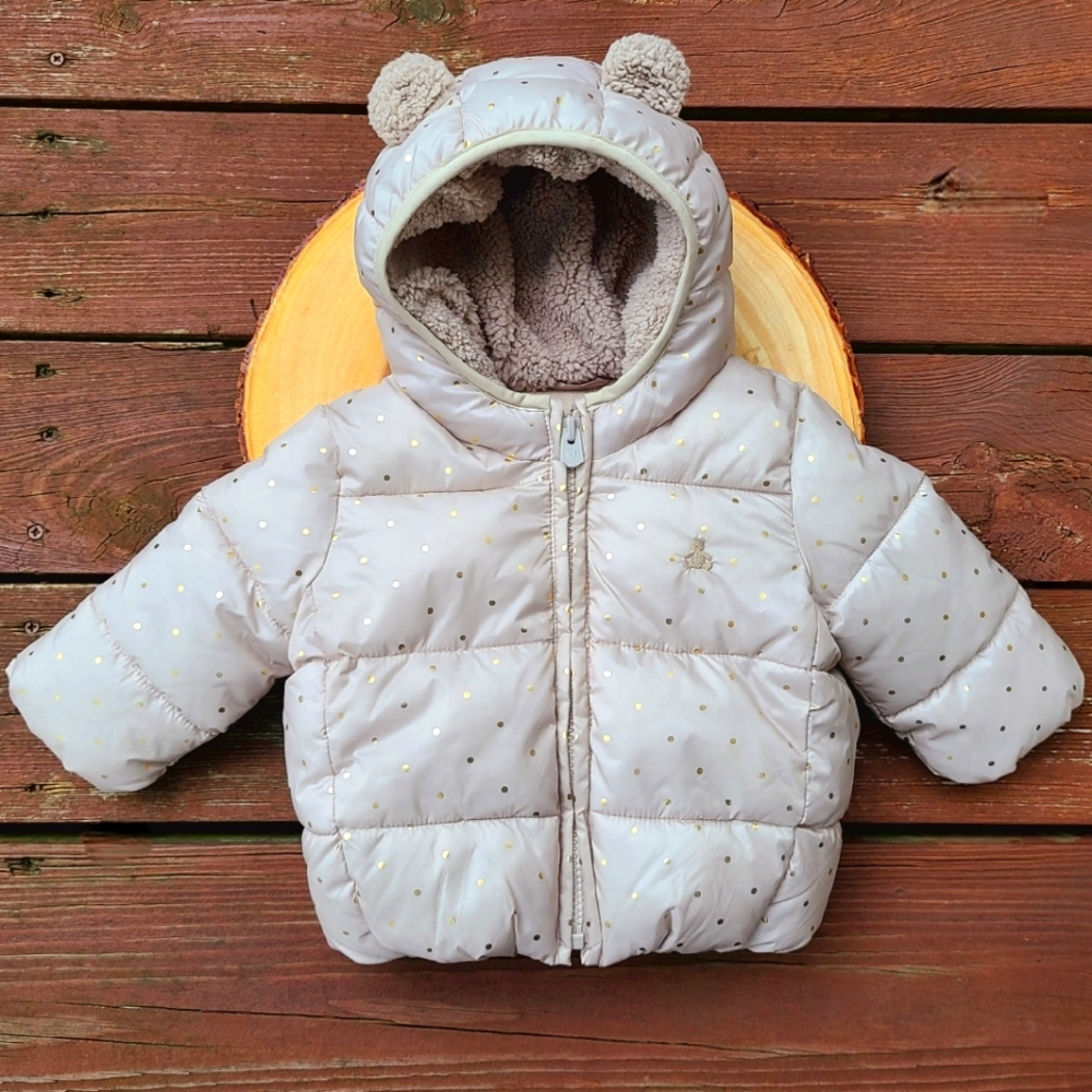 GAP Baby 100% Recycled Cozy Sherpa-Lined Puffer Jacket Stone/Gold Dot 6-12Mos